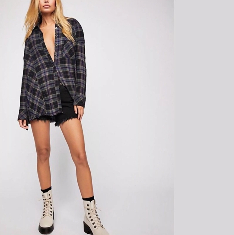 Free People Juniper Ridge Snap Side Plaid Top L Urban Outfitters UK ~frayed